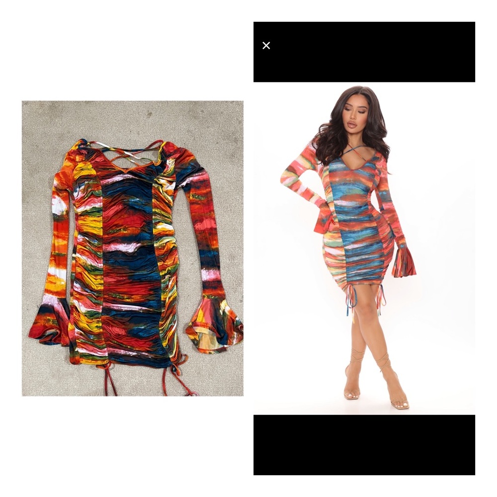 Fashion Nova “A Splash of Color Runched Orange/Combo Mini Dress” (Large)